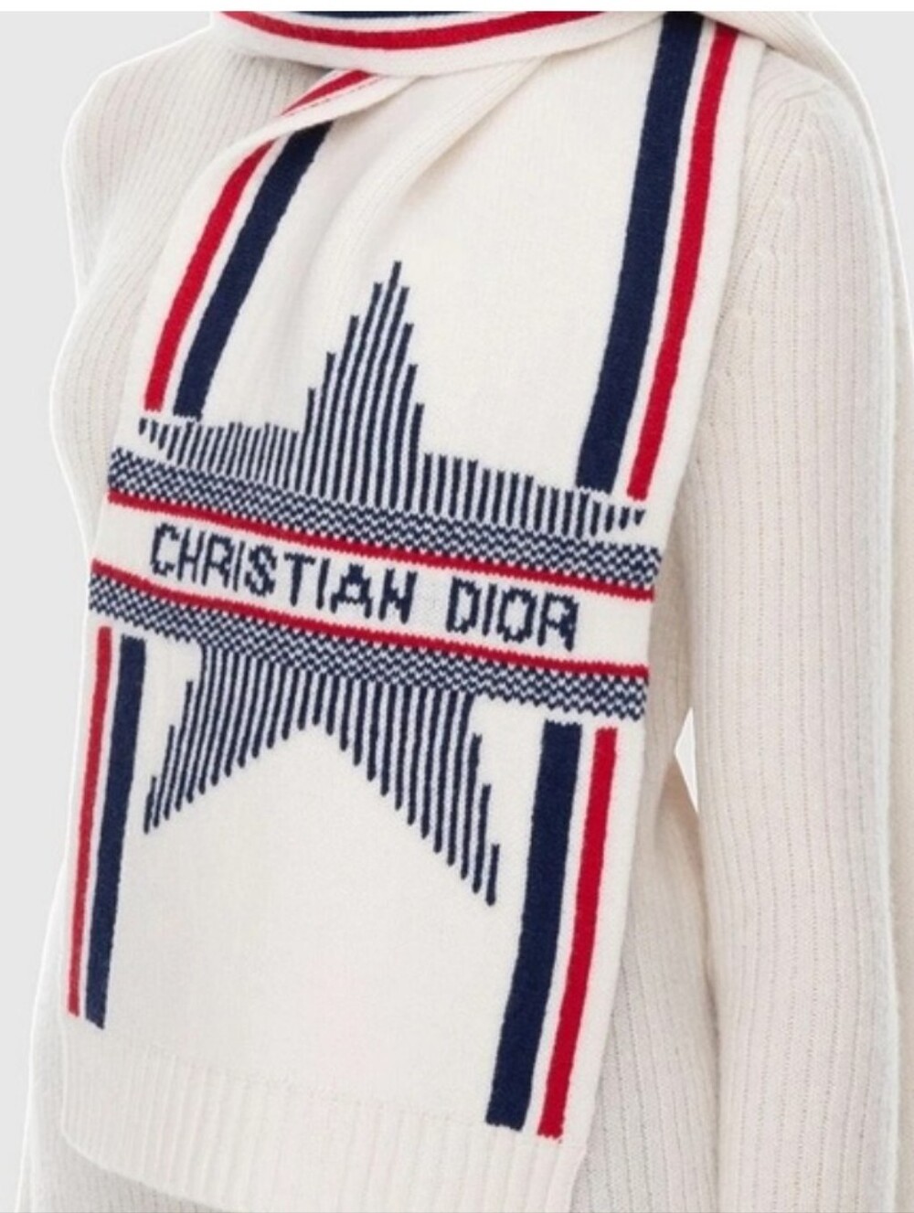 Dior Cream Ribbed Wool with Navy & Red Star Scarf